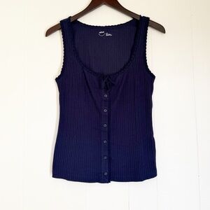 AERIE Ribbed Button Tie Navy Blue Tank Top Medium